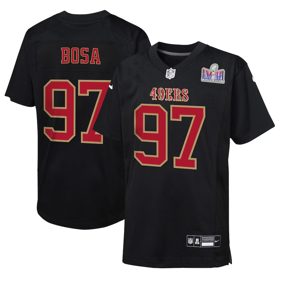 Youth San Francisco 49ers Nick Bosa Nike Black Super Bowl LVIII Patch Carbon Fashion Game Jersey - Ujersey