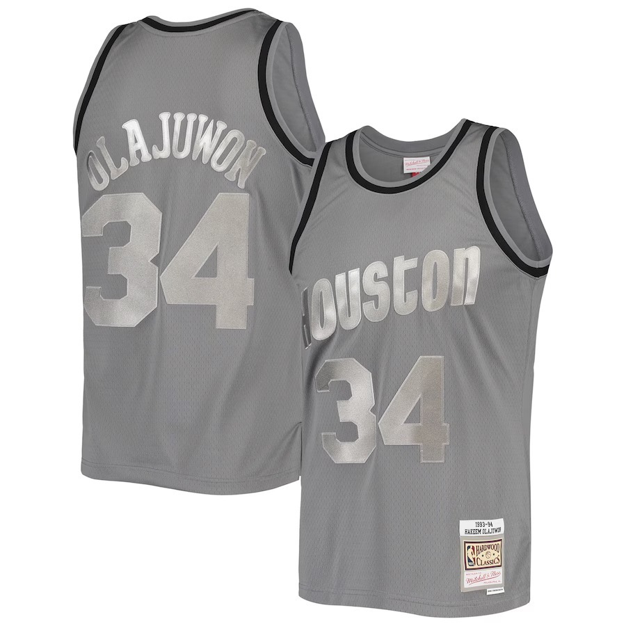Men's Houston Rockets Hakeem Olajuwon Mitchell & Ness Charcoal Hardwood Classics Retired Player 1993/94 Metal Works Swingman Jersey - Ujersey