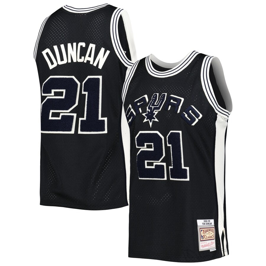 Men's San Antonio Spurs Tim Duncan Mitchell & Ness Black 1998/99 Hardwood Classics Off-Court Swingman Jersey - Ujersey