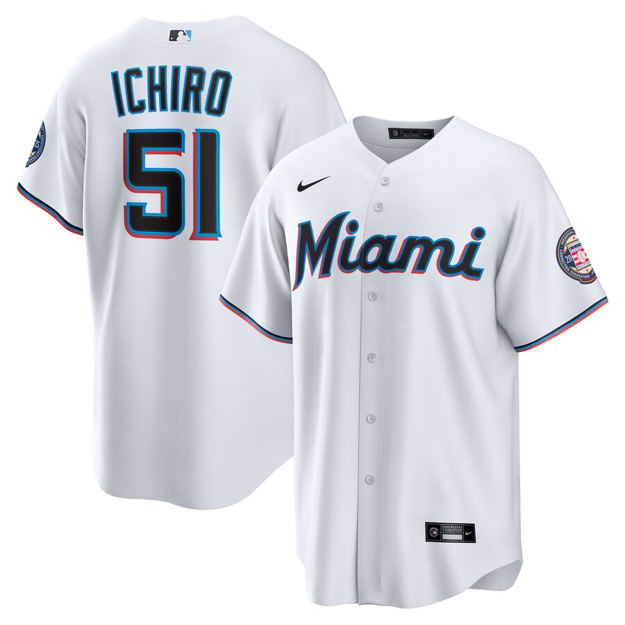 Men's Miami Marlins Ichiro Suzuki Nike White 2025 Baseball Hall of Fame Name & Number Retired Replica Jersey - Ujersey