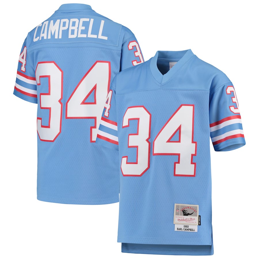Youth Houston Oilers Earl Campbell Mitchell & Ness Light Blue 1980 Gridiron Classic Legacy Retired Player Jersey - Ujersey