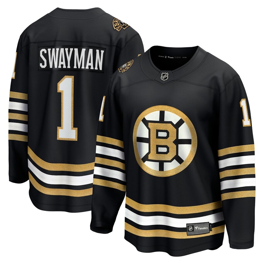 Men's Boston Bruins Jeremy Swayman Fanatics Branded Black 100th Anniversary Premier Breakaway Player Jersey - Ujersey