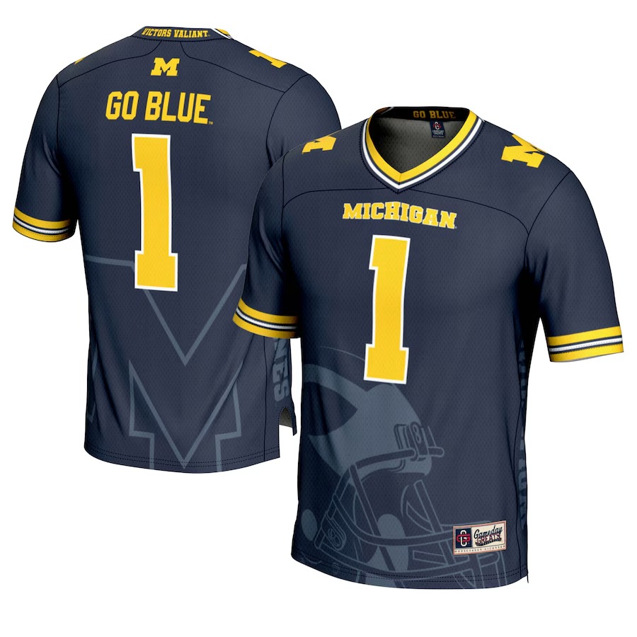 Men's GameDay Greats #1 Navy Michigan Wolverines Icon Print Football Fashion Jersey - Ujersey