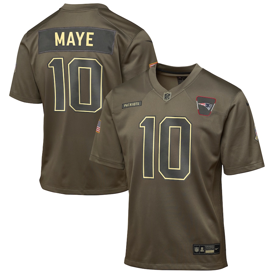 Youth New England Patriots Drake Maye Nike Olive 2025 Salute to Service Game Jersey - Ujersey