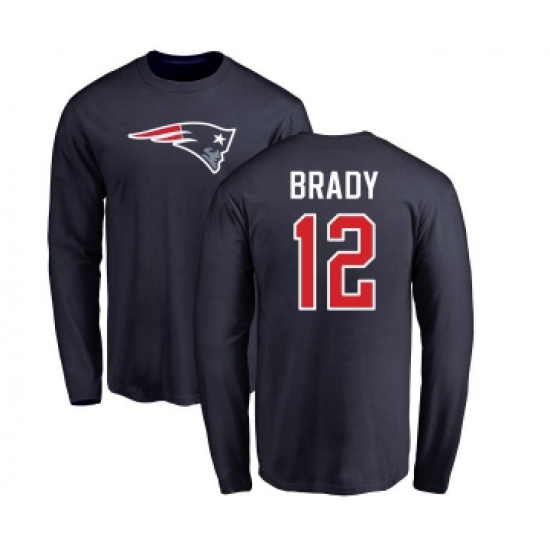 Football New England Patriots #12 Tom Brady Navy Blue Name & Number Logo Long Sleeve T-Shirt - Ujersey