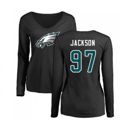 Women's Philadelphia Eagles #97 Malik Jackson Black Name & Number Logo Slim Fit Long Sleeve T-Shirt - Ujersey