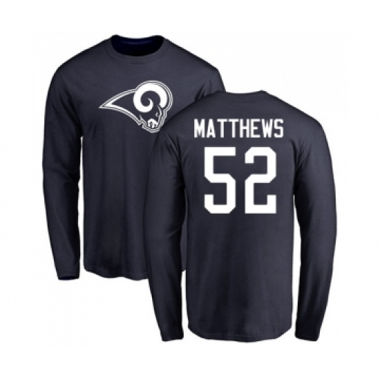 Football Los Angeles Rams #52 Clay Matthews Navy Blue Name & Number Logo Long Sleeve T-Shirt - Ujersey
