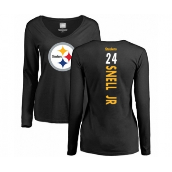 Women's Pittsburgh Steelers #24 Benny Snell Jr. Black Backer Slim Fit Long Sleeve T-Shirt - Ujersey