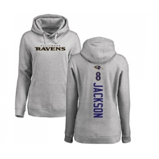 Football Women's Baltimore Ravens #8 Lamar Jackson Ash Backer Pullover Hoodie - Ujersey