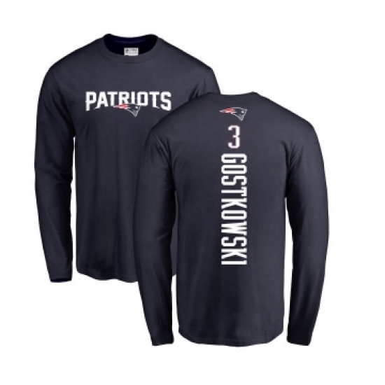 Football New England Patriots #3 Stephen Gostkowski Navy Blue Backer Long Sleeve T-Shirt - Ujersey