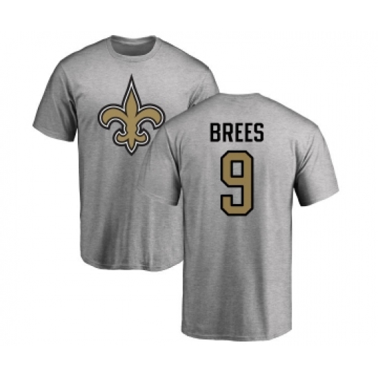 Football New Orleans Saints #9 Drew Brees Ash Name & Number Logo T-Shirt - Ujersey