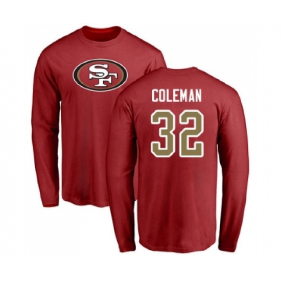 Football San Francisco 49ers #32 Tevin Coleman Red Name & Number Logo Long Sleeve T-Shirt - Ujersey