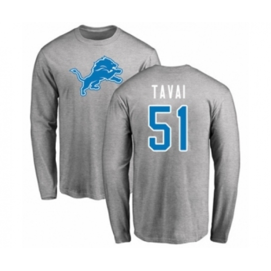 Football Detroit Lions #51 Jahlani Tavai Ash Name & Number Logo Long Sleeve T-Shirt - Ujersey