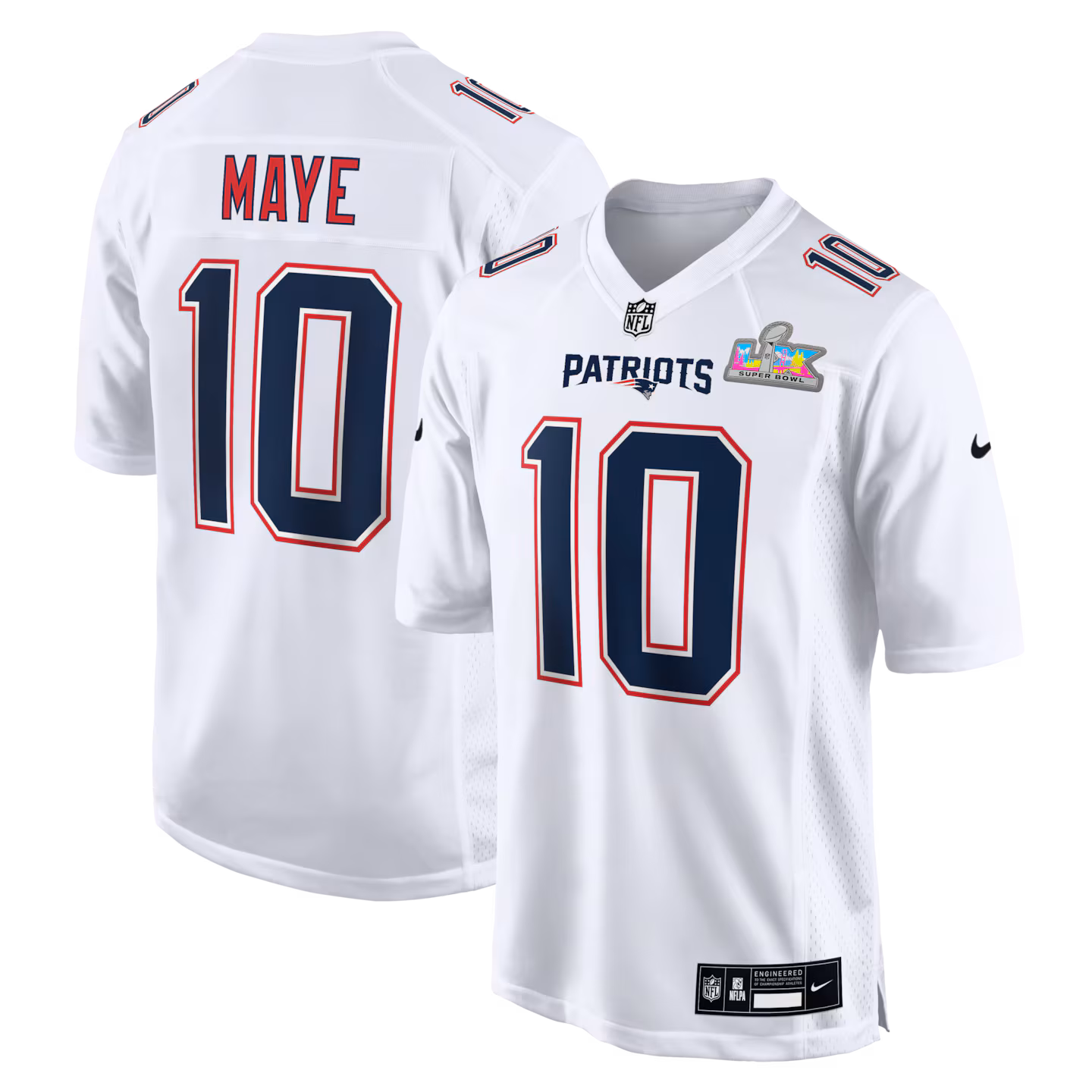 Men's New England Patriots Drake Maye Nike White Super Bowl LX Patch Tundra Fashion Game Jersey - Ujersey