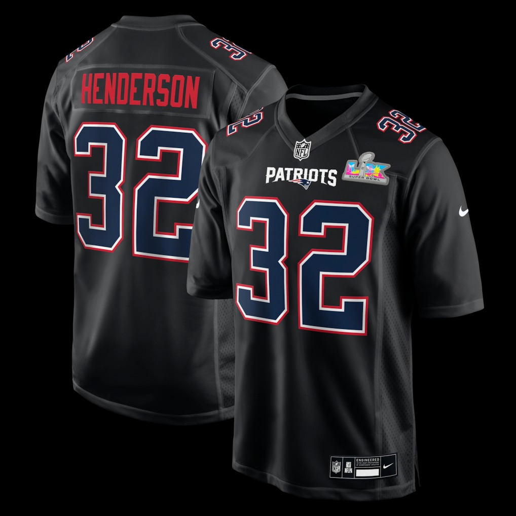 Men's New England Patriots TreVeyon Henderson Nike Black Super Bowl LX Patch Carbon Fashion Game Jersey - Ujersey