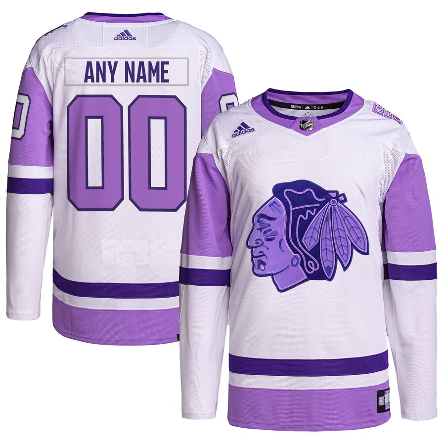 Men's Chicago Blackhawks adidas White/Purple Hockey Fights Cancer Primegreen Authentic Custom Jersey - U-jersey