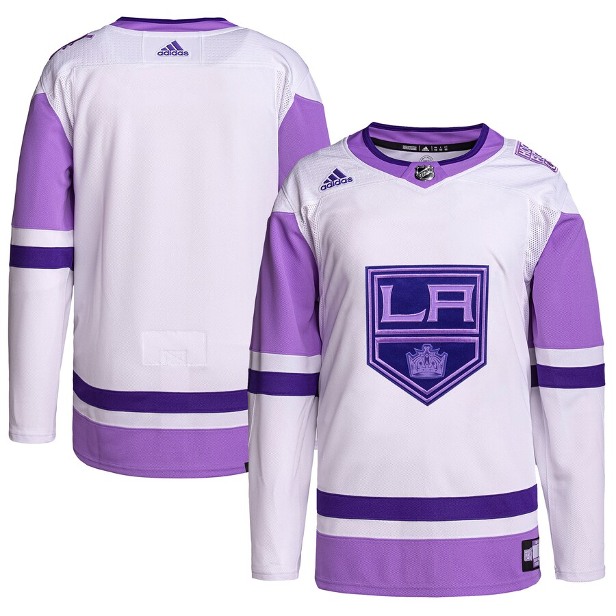 Men's Los Angeles Kings adidas White/Purple Hockey Fights Cancer Primegreen Authentic Blank Practice Jersey - U-jersey