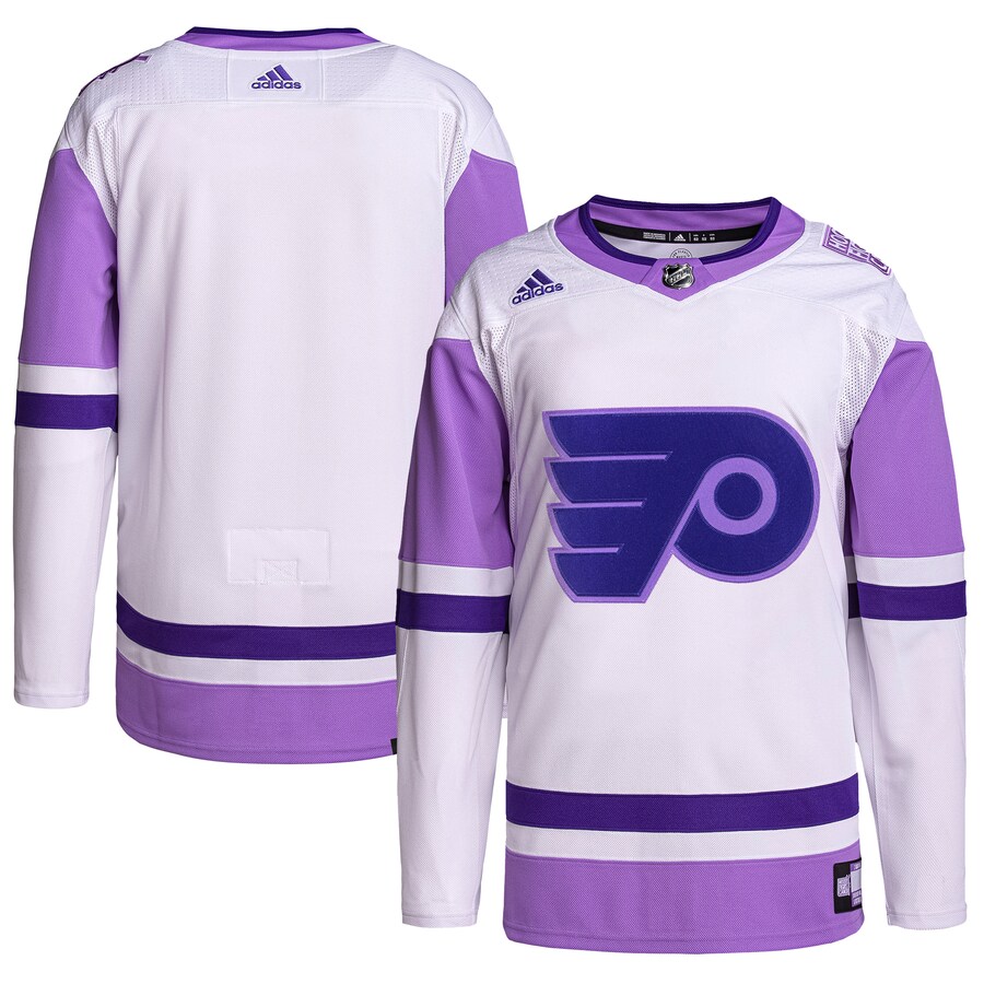 Men's Philadelphia Flyers adidas White/Purple Hockey Fights Cancer Primegreen Authentic Blank Practice Jersey - U-jersey
