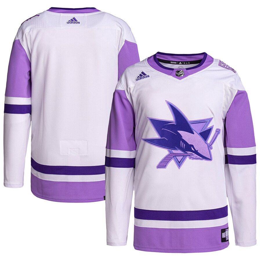 Men's San Jose Sharks adidas White/Purple Hockey Fights Cancer Primegreen Authentic Blank Practice Jersey - U-jersey