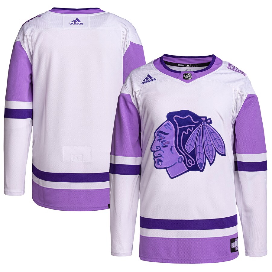 Men's Chicago Blackhawks adidas White/Purple Hockey Fights Cancer Primegreen Authentic Blank Practice Jersey - U-jersey