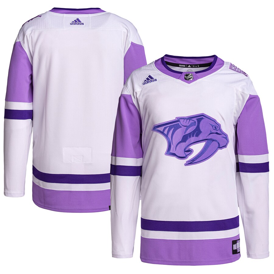 Men's Nashville Predators adidas White/Purple Hockey Fights Cancer Primegreen Authentic Blank Practice Jersey - U-jersey