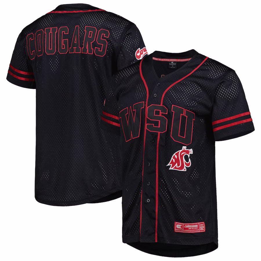 Washington State Cougars Colosseum Free Spirited Mesh Button-Up Baseball Jersey - Black - U-jersey