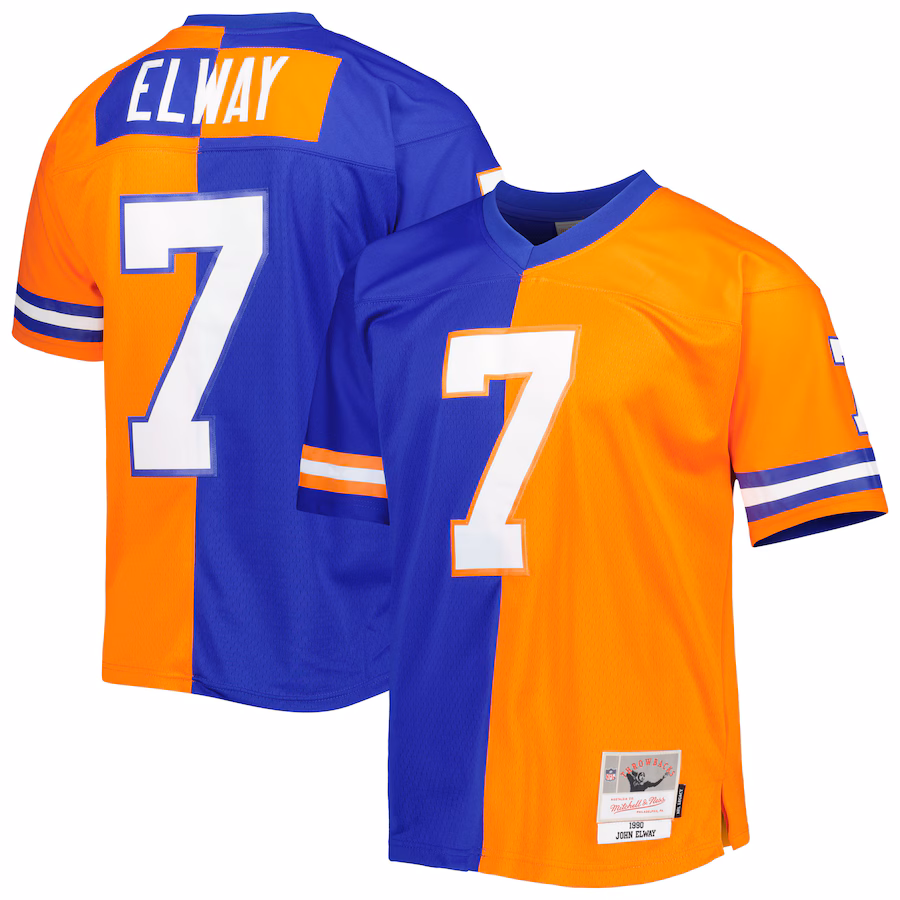 Men's Denver Broncos John Elway Mitchell & Ness Royal/Orange 1990 Split Legacy Replica Jersey - U-jersey