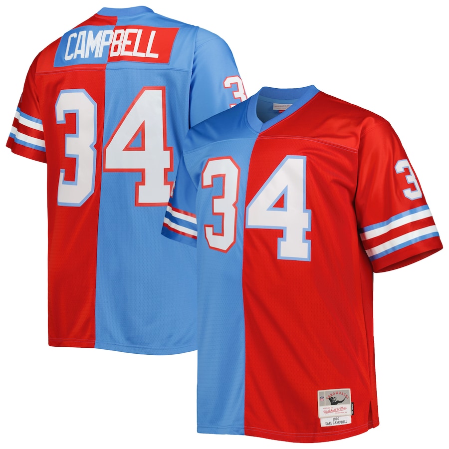 Men's Houston Oilers Earl Campbell Mitchell & Ness Light Blue/Red Big & Tall Gridiron Classics Split Legacy Retired Player Replica Jersey - U-jersey