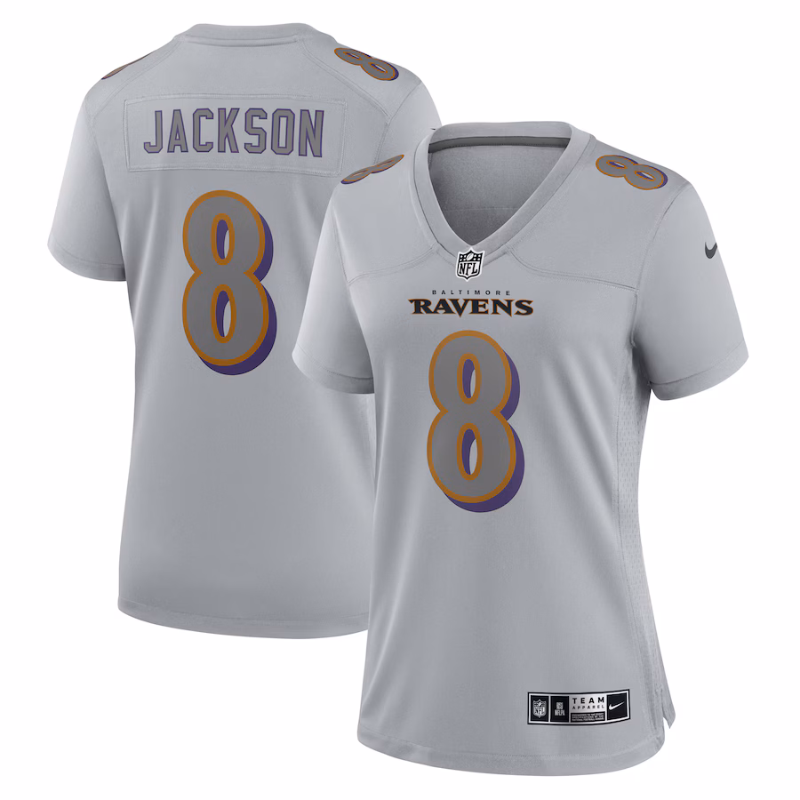 Women's Baltimore Ravens Lamar Jackson Nike Gray Atmosphere Fashion Game Jersey - U-jersey