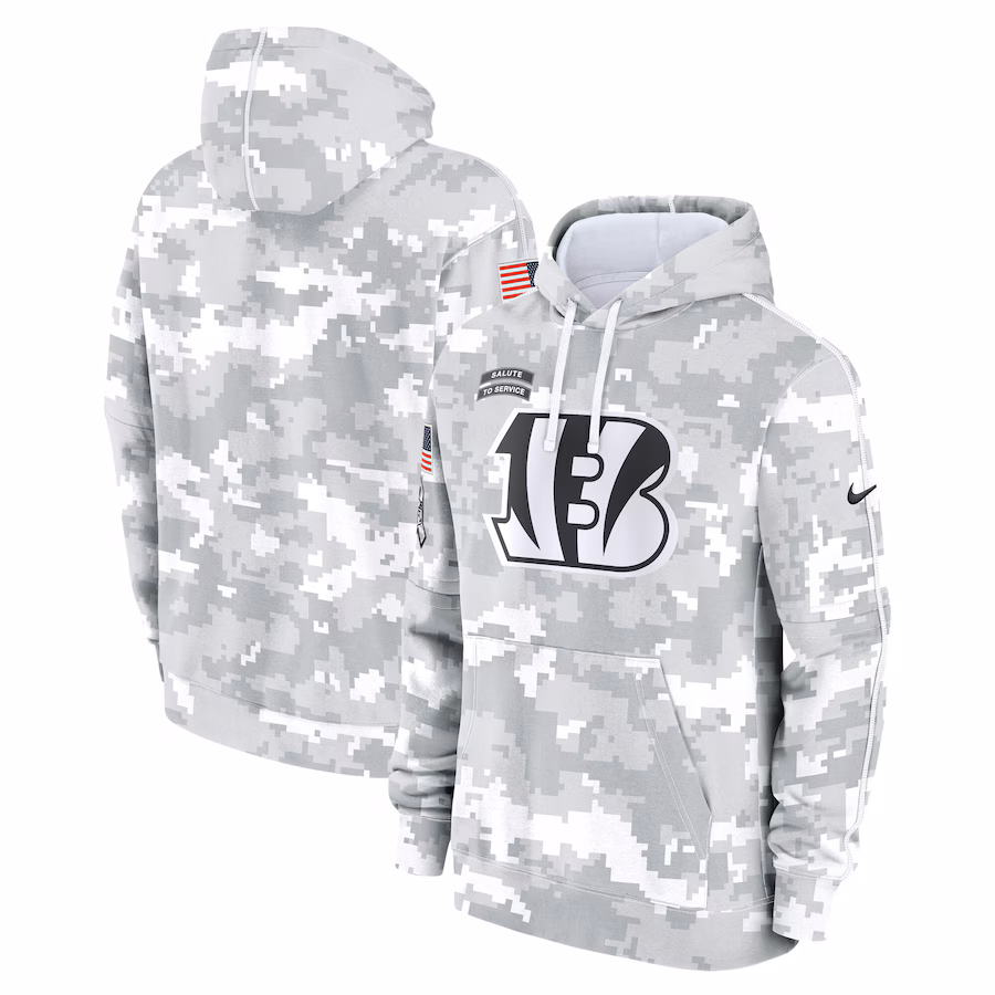 Men's Cincinnati Bengals Nike Arctic Camo 2024 Salute to Service Club Fleece Pullover Hoodie - U-jersey
