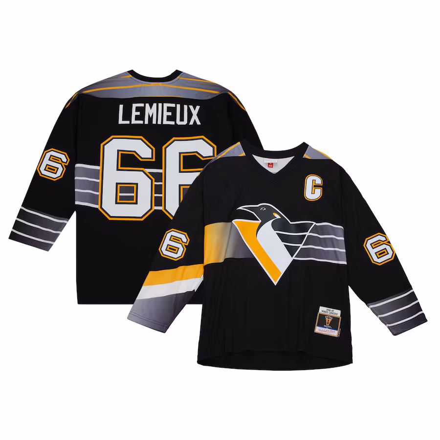 Men's Pittsburgh Penguins Mario Lemieux Mitchell & Ness Black Captain's Patch 1996/97 Blue Line Player Jersey - U-jersey