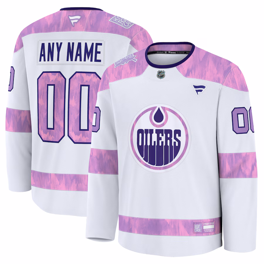 Men's Edmonton Oilers Fanatics White 2024 Hockey Fights Cancer Custom Practice Jersey - U-jersey