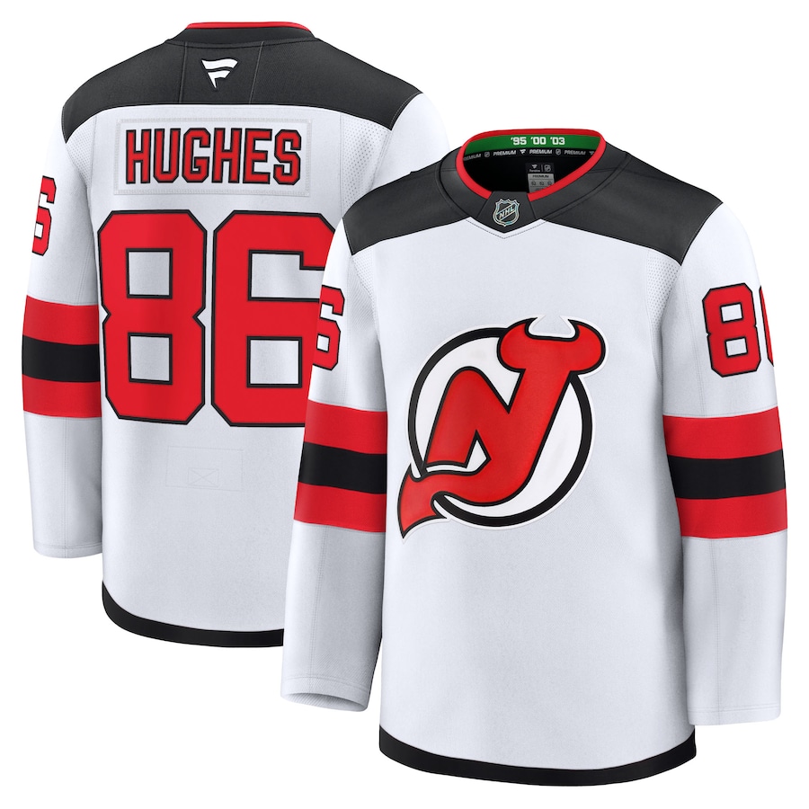 Men's New Jersey Devils Jack Hughes Fanatics White Away Premium Jersey - U-jersey