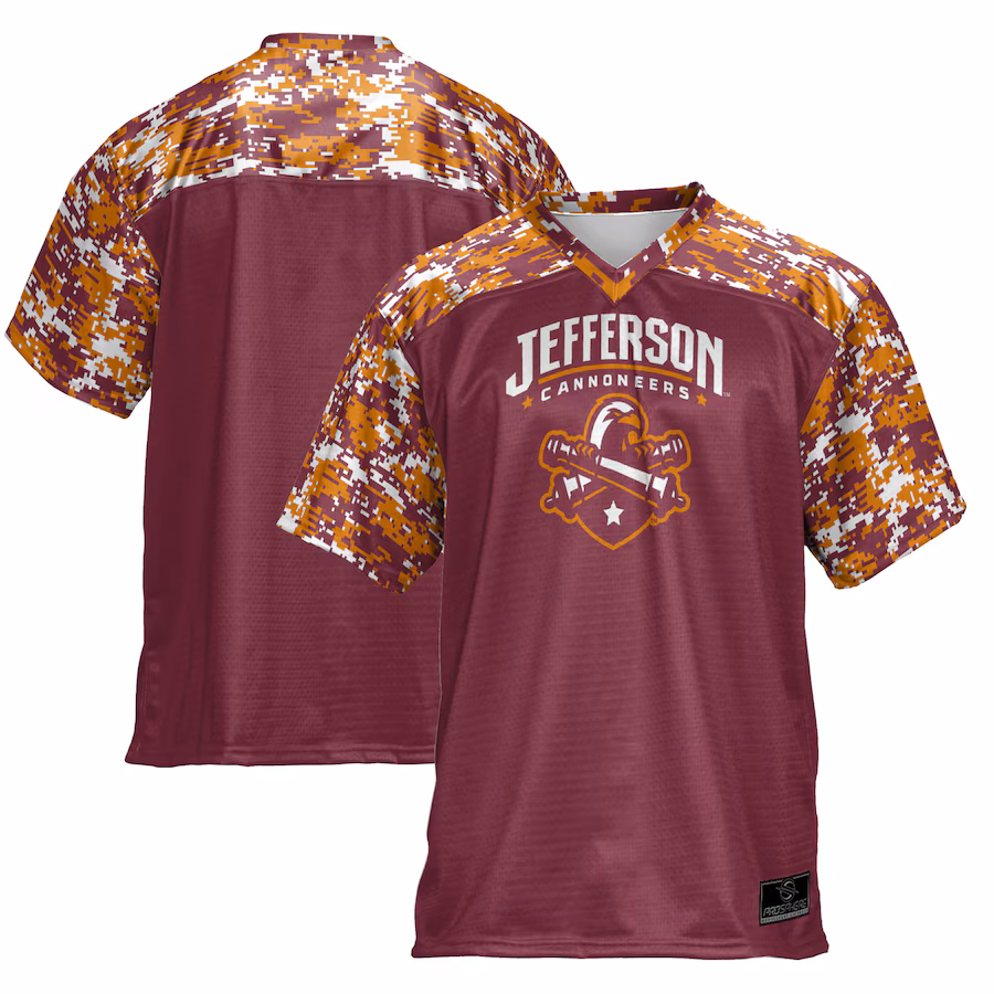 Men's ProSphere Maroon Jefferson Community College Cannoneers Camo Football Jersey - U-jersey