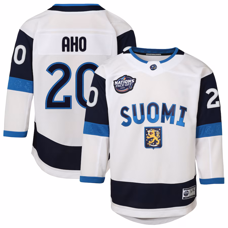 Youth Finland Sebastian Aho White 2025 4 Nations Face-Off Premier Player Jersey - U-jersey