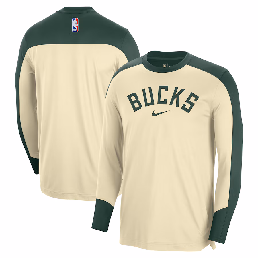 Men's Milwaukee Bucks Nike Cream 2024/25 Authentic Pre-Game Legend Long Sleeve Shooting Shirt - U-jersey