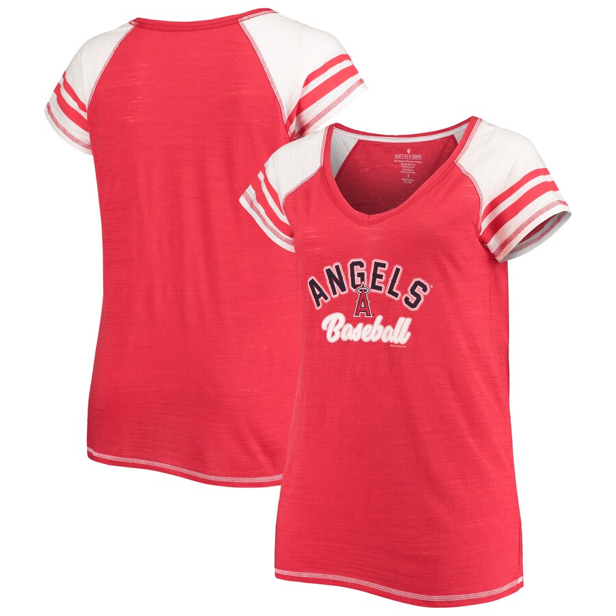 Women's Los Angeles Angels Soft as a Grape Red Curvy Color Block Tri-Blend Raglan V-Neck T-Shirt - U-jersey