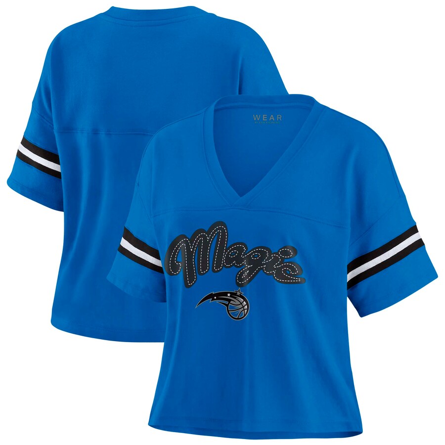 Women's Orlando Magic WEAR by Erin Andrews Blue Color Block Boxy V-Neck T-Shirt - U-jersey