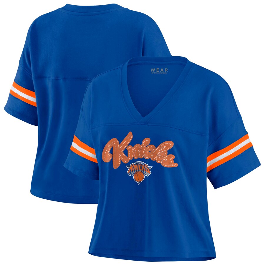 Women's New York Knicks WEAR by Erin Andrews Blue Color Block Boxy V-Neck T-Shirt - U-jersey