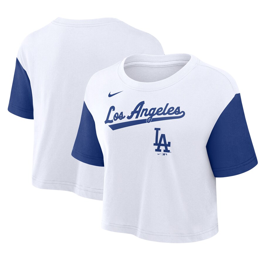 Women's Los Angeles Dodgers Nike White/Royal Script Cropped Performance T-Shirt - U-jersey