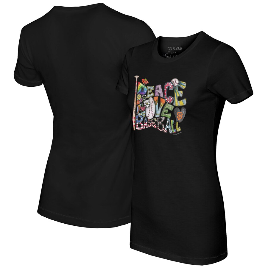 Women's San Francisco Giants Tiny Turnip Black Peace Love Baseball Fitted T-Shirt - U-jersey