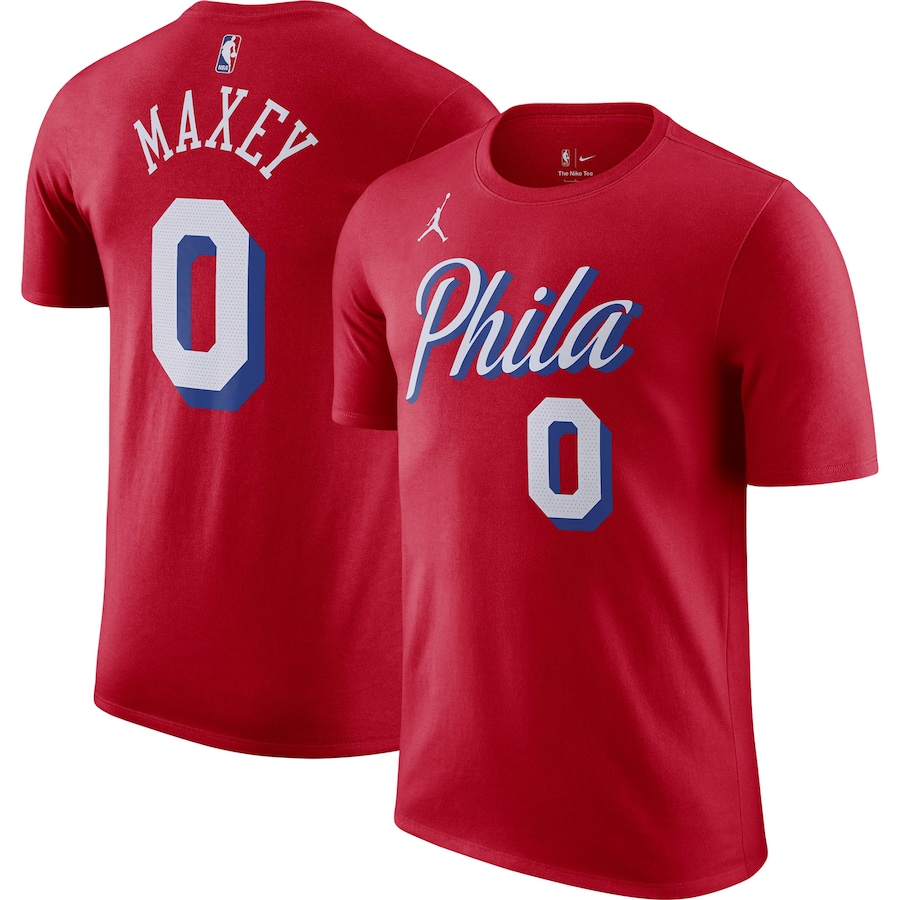Men's Philadelphia 76ers Tyrese Maxey Jordan Brand Red 2022/23 Statement Edition Name & Number T-Shirt - U-jersey