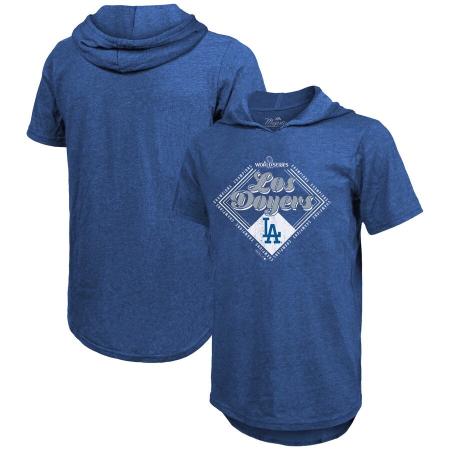 Men's Los Angeles Dodgers Majestic Threads Royal 2024 World Series Champions Tri-Blend Hoodie T-Shirt - U-jersey