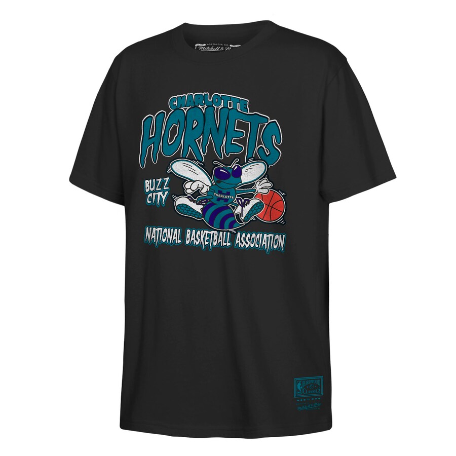 Youth Charlotte Hornets Mitchell & Ness Black Retro Mascot Script T-Shirt - U-jersey