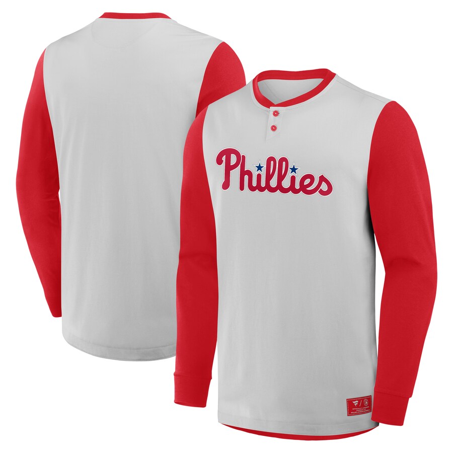 Men's Philadelphia Phillies Fanatics Gray/Red Clubhouse Long Sleeve Henley Shirt - U-jersey