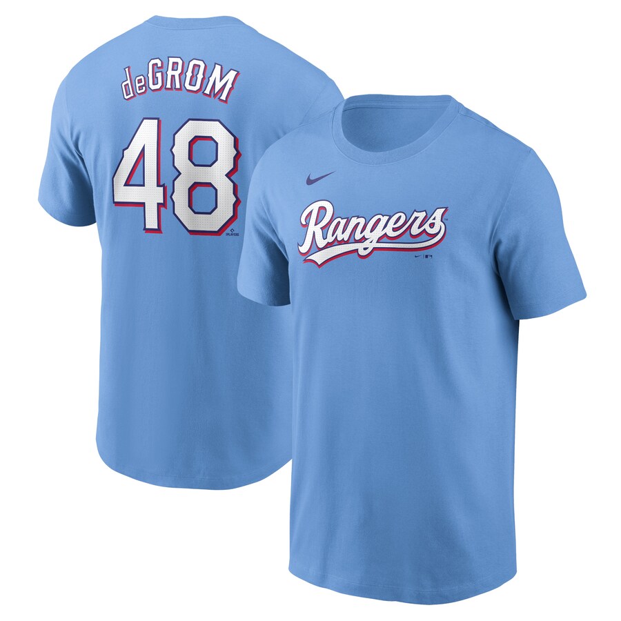 Men's Texas Rangers Jacob deGrom Nike Light Blue Fuse Name & Number T-Shirt - U-jersey