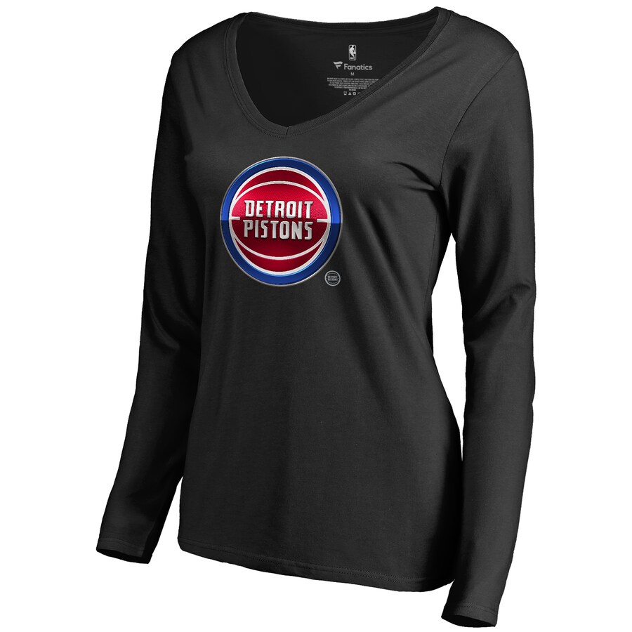 Women's Detroit Pistons Black Midnight Mascot Long Sleeve V-Neck T-Shirt - U-jersey