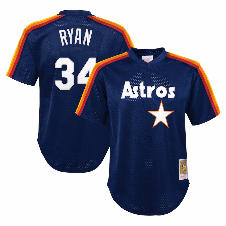 Youth Houston Astros Nolan Ryan Mitchell & Ness Navy Cooperstown Collection Mesh Batting Practice Jersey - U-jersey