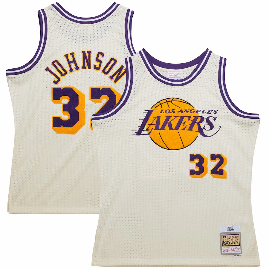 Men's Los Angeles Lakers Magic Johnson Mitchell & Ness Cream Chainstitch Swingman Jersey - U-jersey