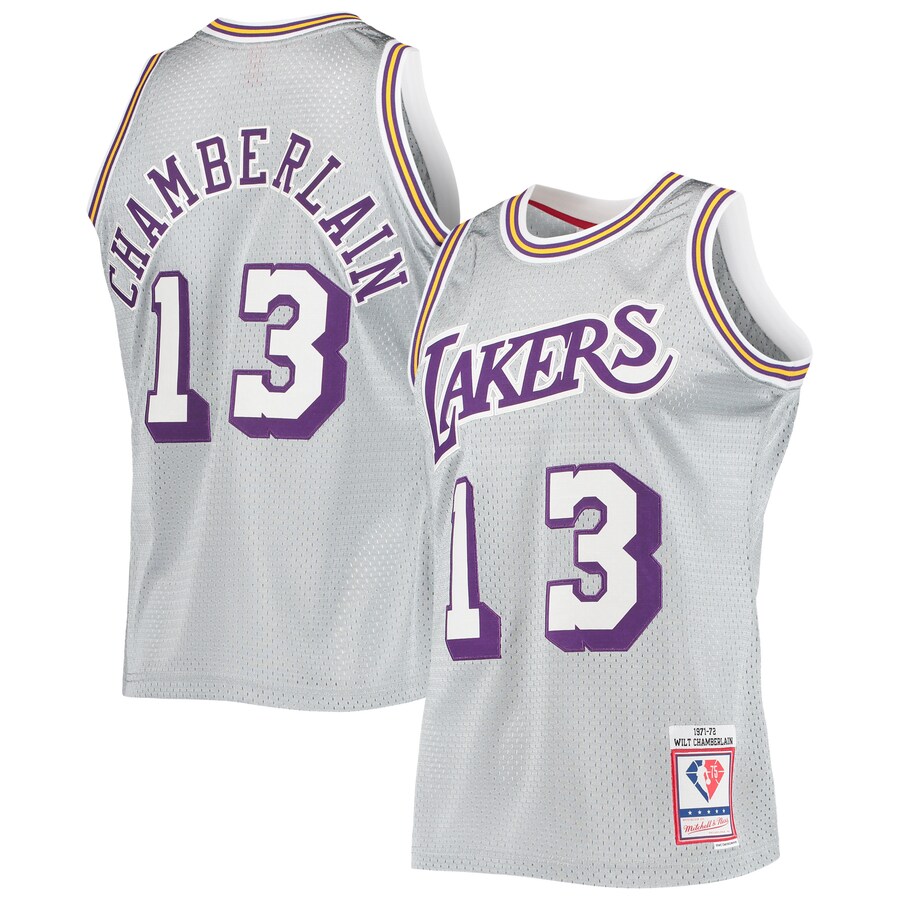 Men's Los Angeles Lakers Wilt Chamberlain Silver Mitchell & Ness 75th Anniversary 1971/72 Hardwood Classics Swingman Jersey - U-jersey